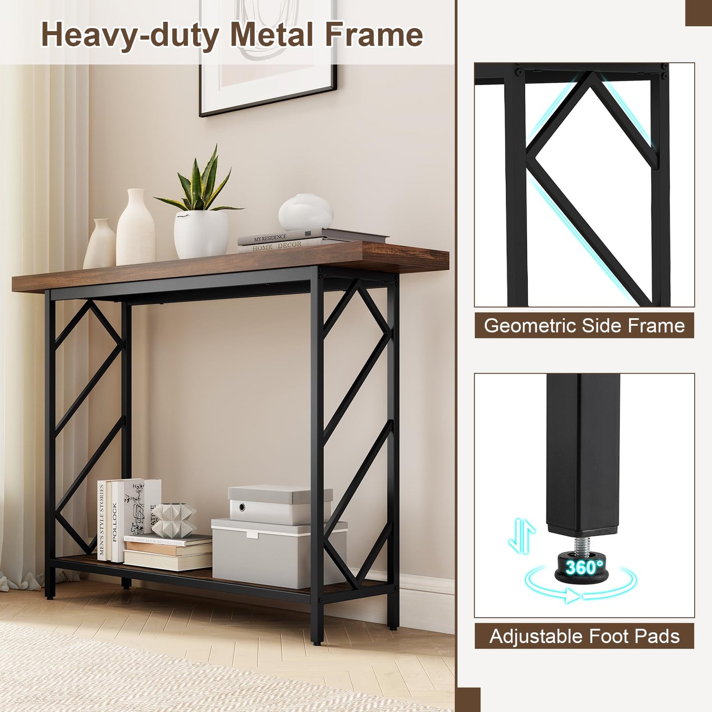 2-Tier Console Table, Industrial Slim Entryway Table with 40mm Top