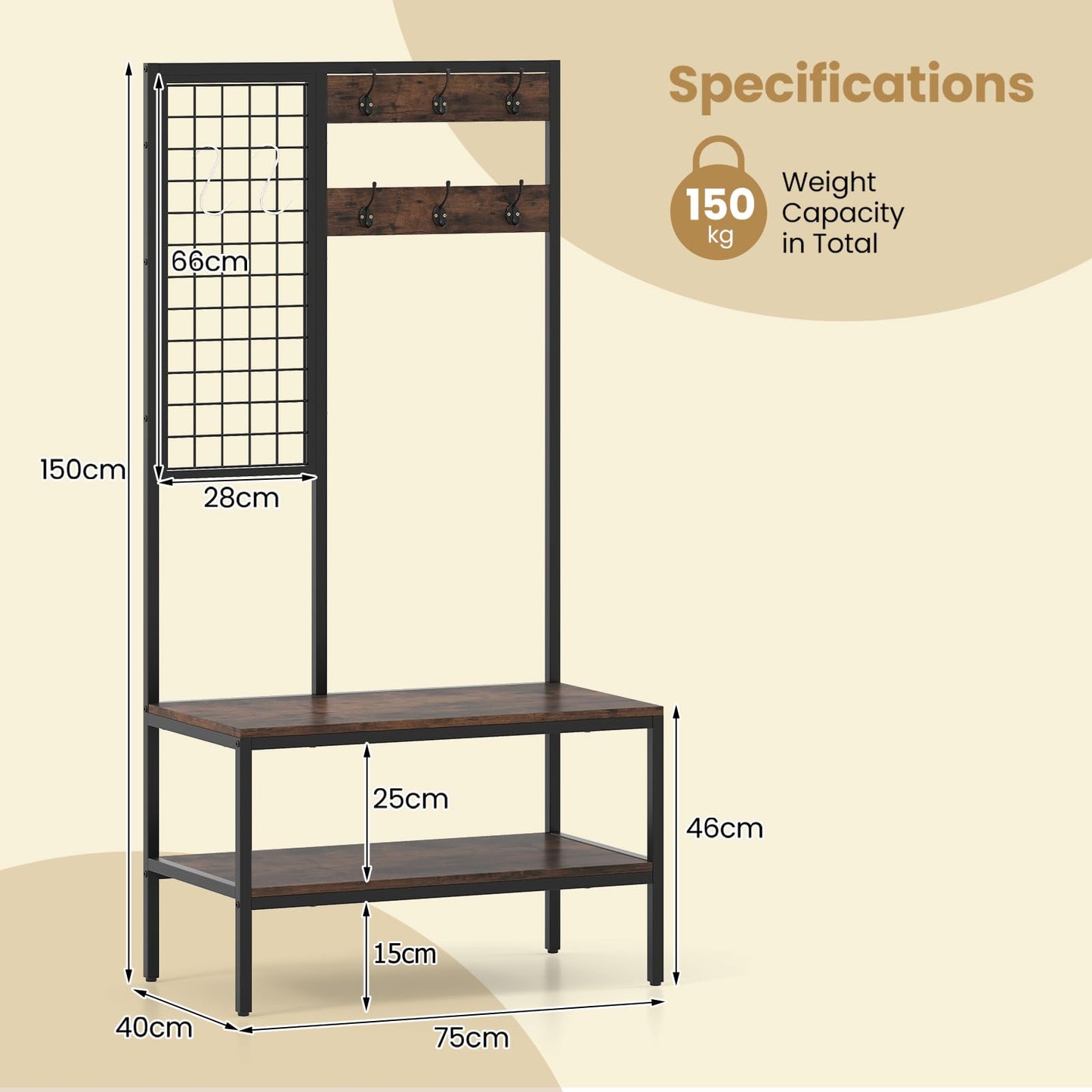 Freestanding Coat Rack with Shoe Storage Bench & Wall Grid Panel