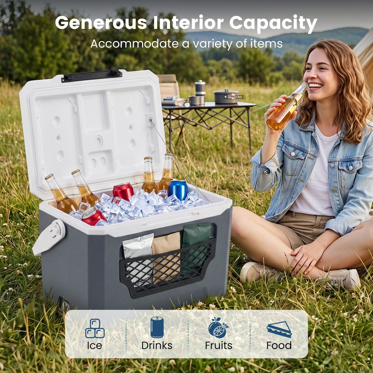 Insulated Cool Box, Ice Chest Box | Cup Holders, Drain Plug & Mesh Storage Pocket
