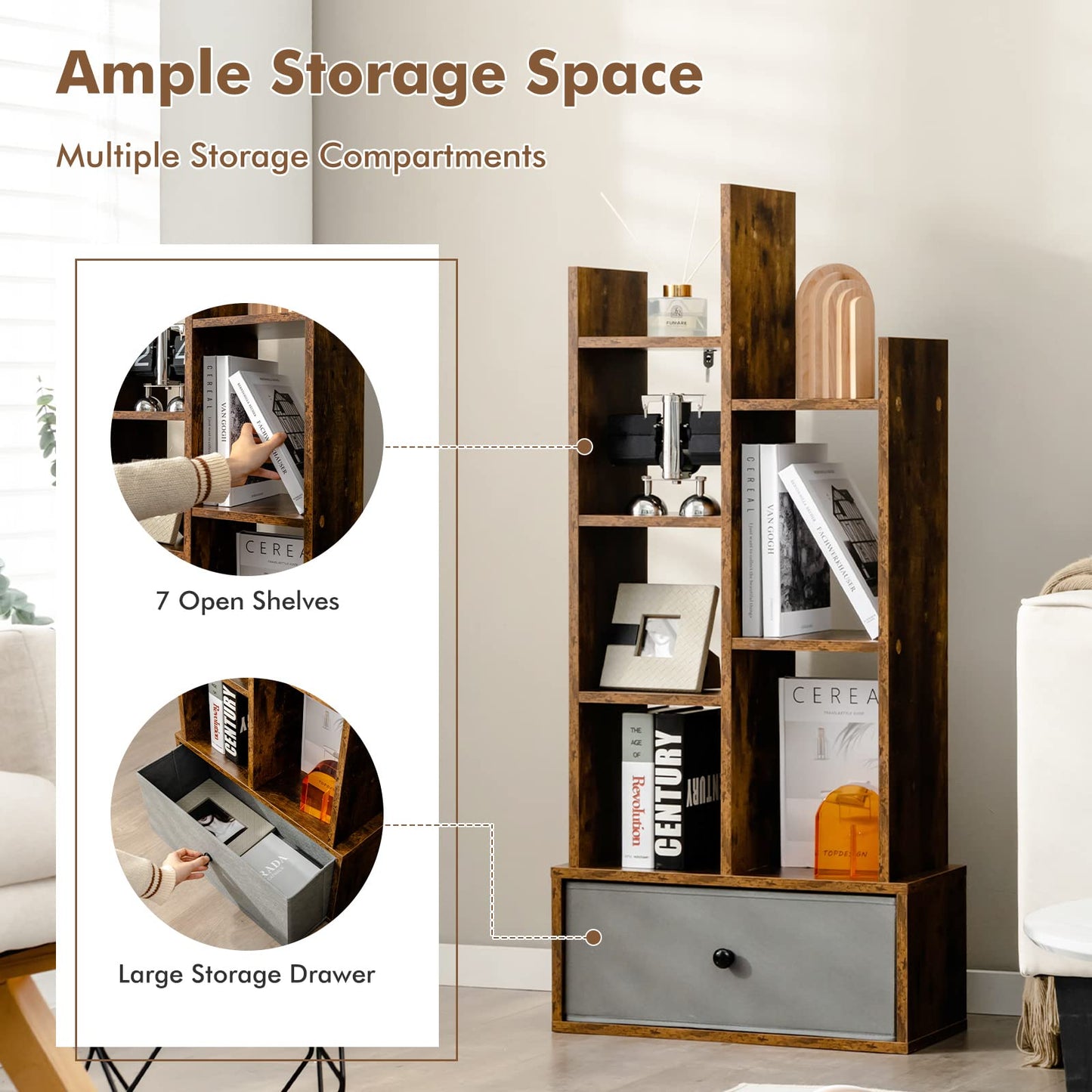 7/12-Tier Wooden Bookshelf with Folding Drawer for Study Living Room