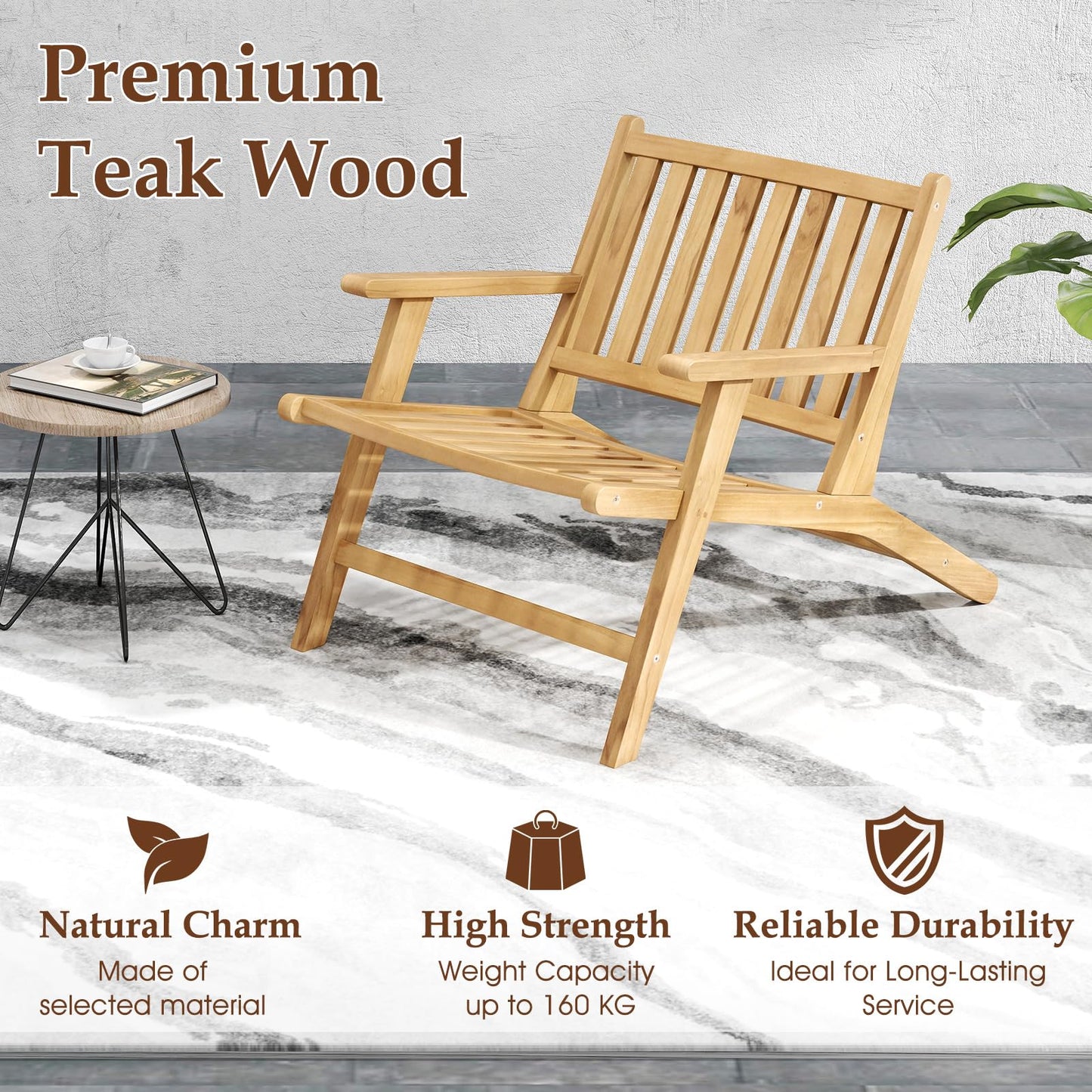 Natural Mid Century Teak Wood Outdoor Chair with Comfortable Backres