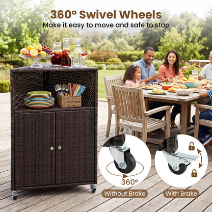 Outdoor Storage Cabinet, PE Rattan Corner Bar Cart with Shelves