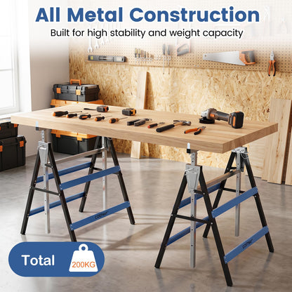 Set of 2 Adjustable Builders Trestle with Top Limit Clip (Blue) | 200kg Capacity Telescopic Saw Horse