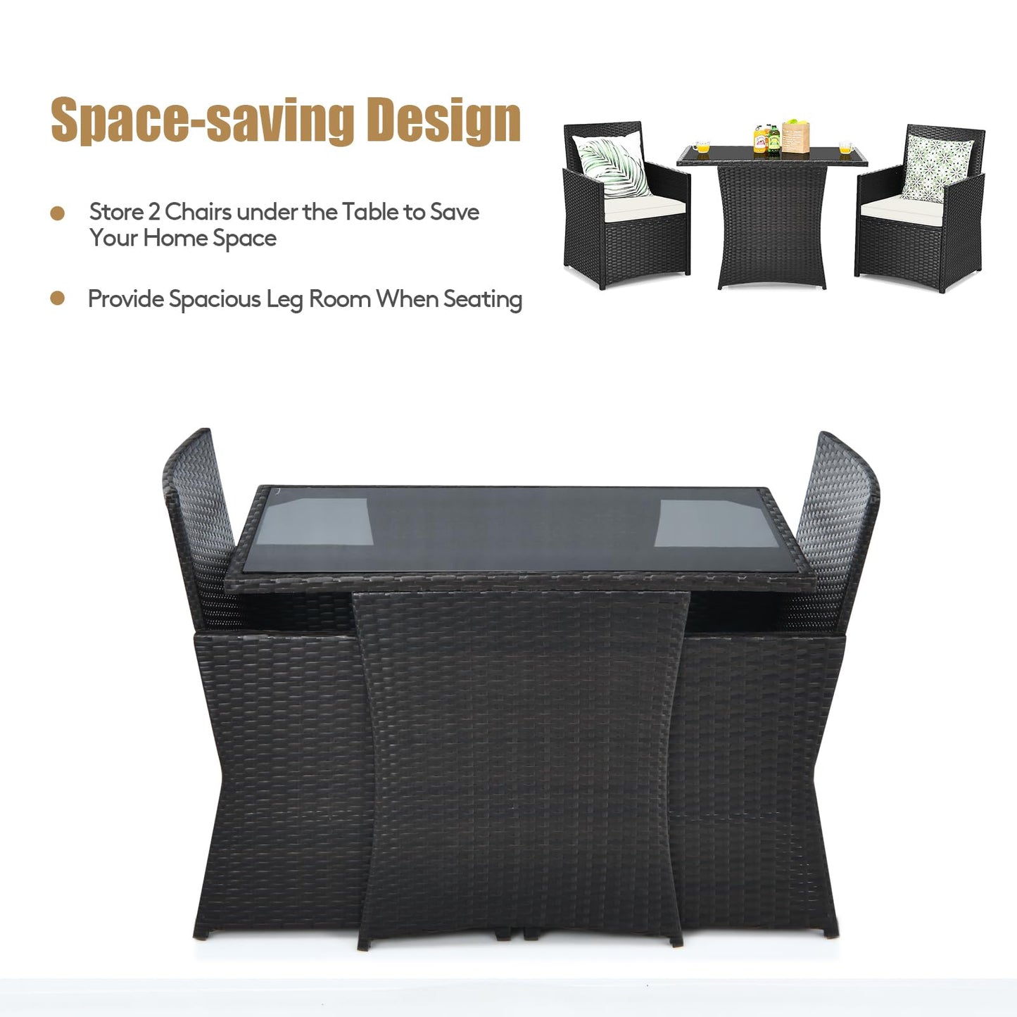 3 Pieces Patio PE Wicker Set with Tempered Coffee Table