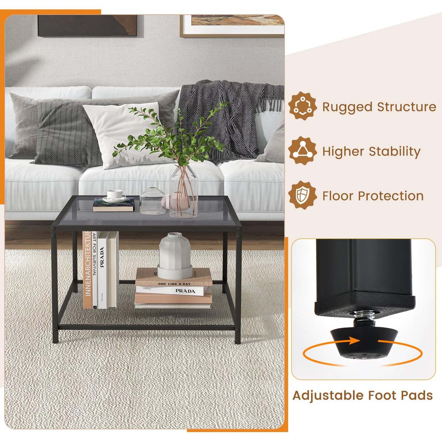 Giantex Square Coffee Table Tempered Glass Sofa Side Table with Adjustable Foot Pads ((with Mesh Shelf)