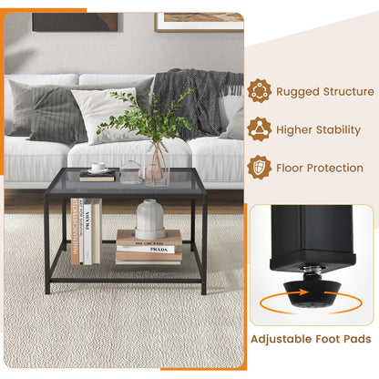 Giantex Square Coffee Table Tempered Glass Sofa Side Table with Adjustable Foot Pads ((with Mesh Shelf)