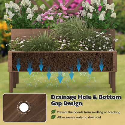 2-Tier Wooden Raised Garden Bed with Trellis and Drainage Holes