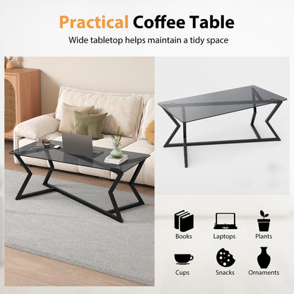 Rectangular Glass Coffee Table with Tempered Top and Metal Frame for Living Room