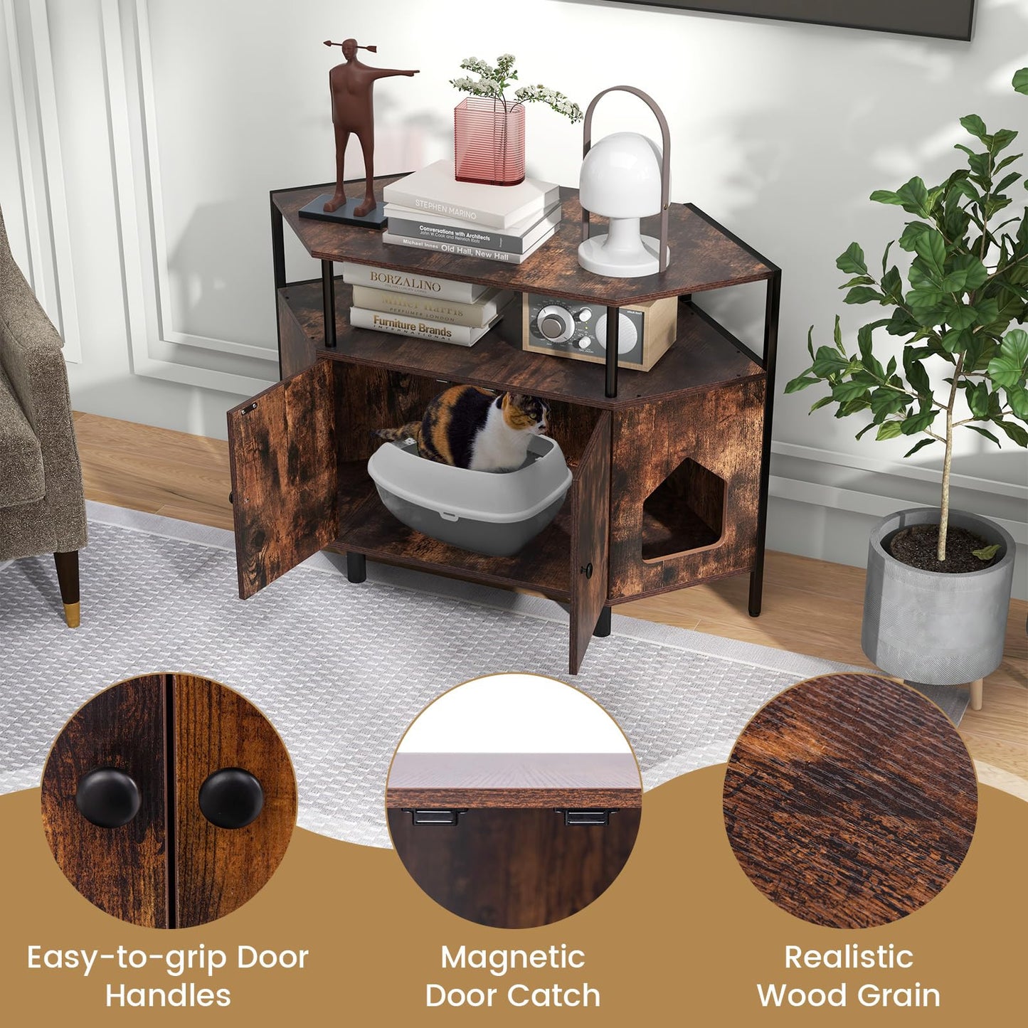 Corner Cat Litter Box Enclosure with Open Shelf