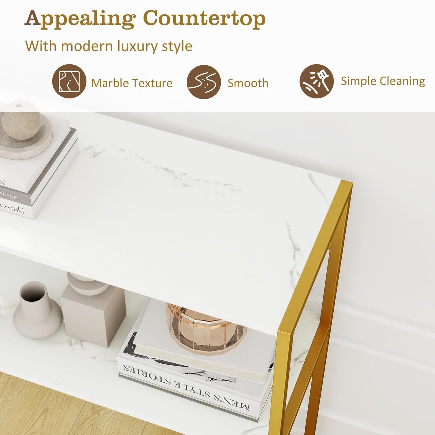 2-Tier Entryway Table with Marble Textured Open Shelves and Metal Frame