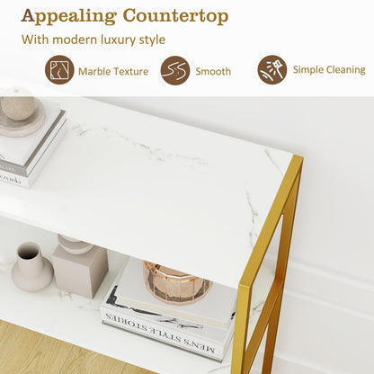 2-Tier Entryway Table with Marble Textured Open Shelves and Metal Frame