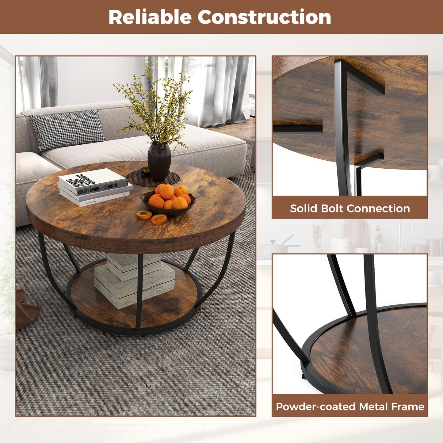 2-Tier Metal Frame Industrial Accent Cocktail Center Unit Sofa Side Tea Table