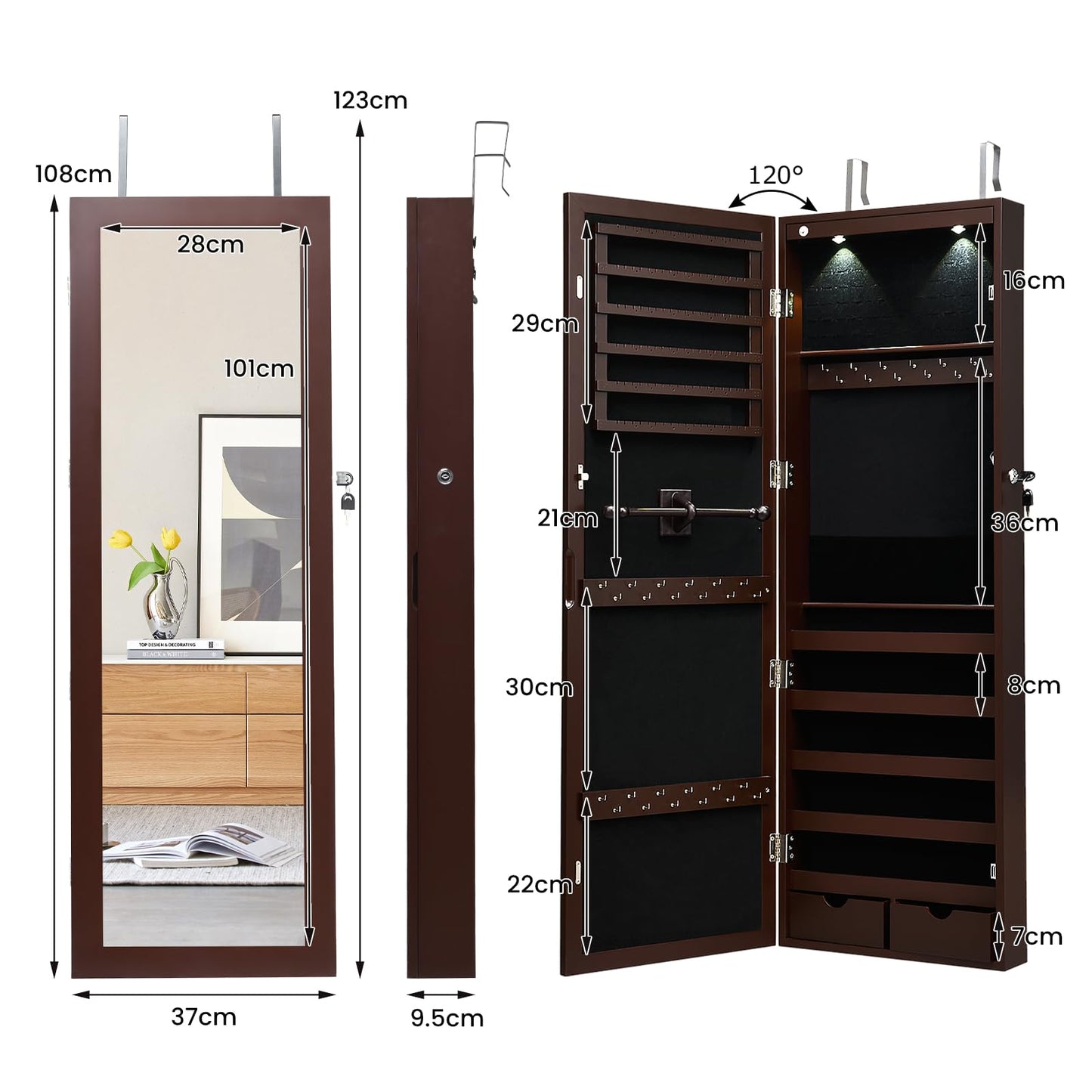 Lockable Jewelry Cabinet with Full Length Mirror and LED Lights