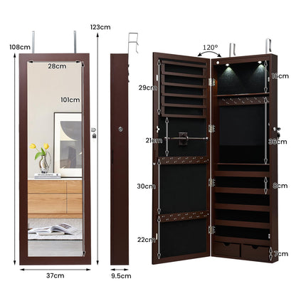 Lockable Jewelry Cabinet with Full Length Mirror and LED Lights