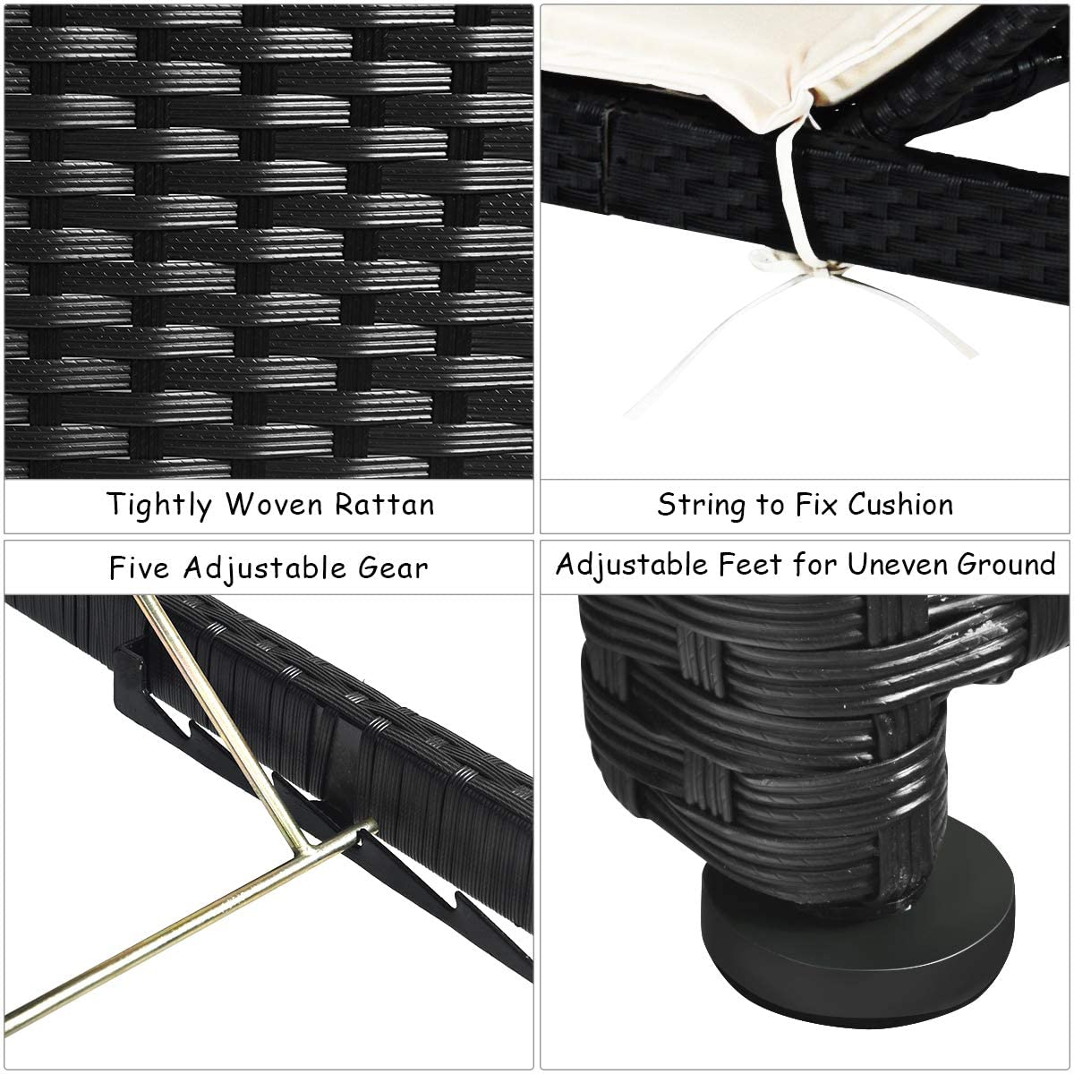 Rattan Sun Lounger with Cushion and Adjustable Feet