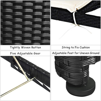 Rattan Sun Lounger with Cushion and Adjustable Feet