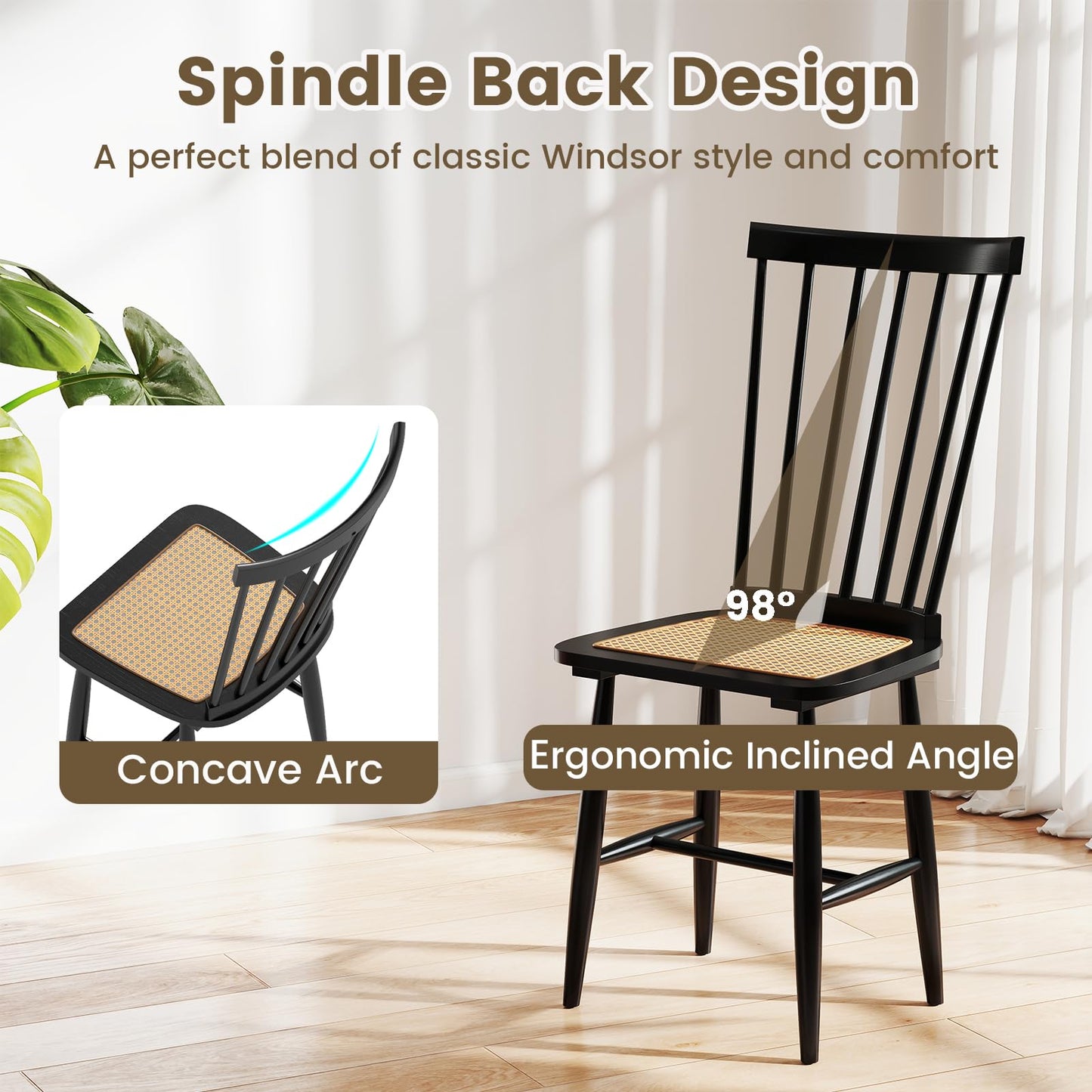 Windsor Dining Chair Set of 2 with Spindle Back and PE Rattan Seat for Kitchen