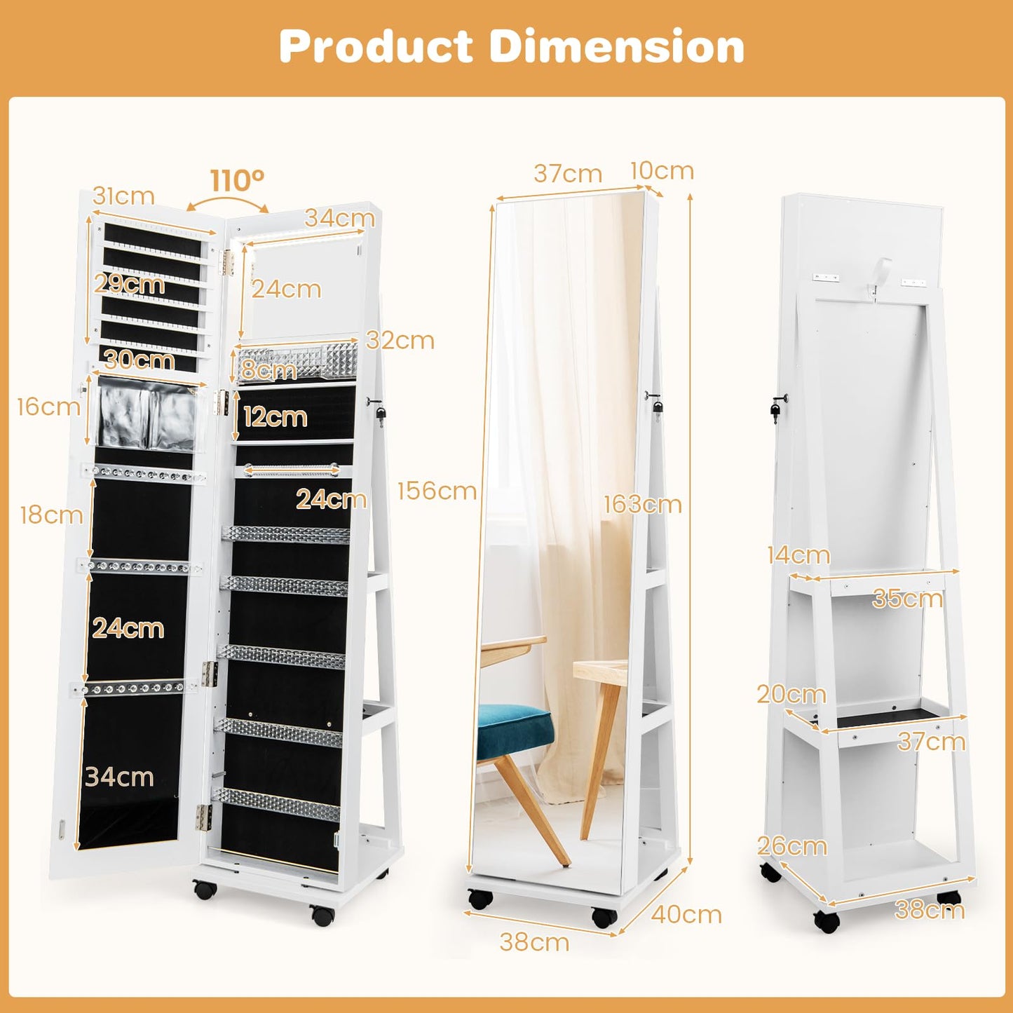 3 Color LED Lights Lockable Jewelry Armoire with Full Length Mirror