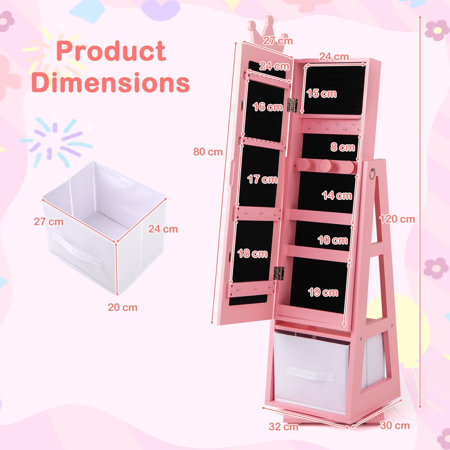 Kids Jewelry Cabinet Standing Jewelry Organizer with Full-Length Mirror