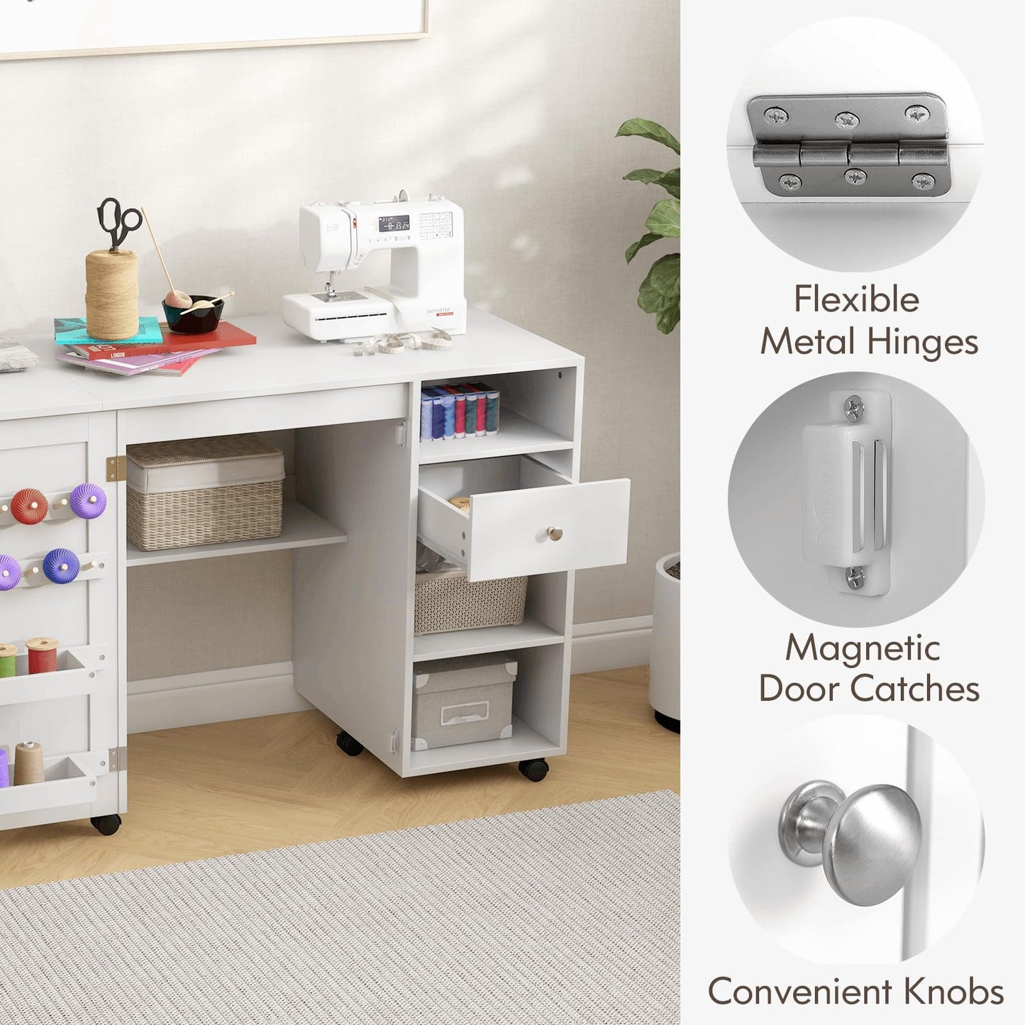 Folding Sewing Table with Storage Shelves and Trays