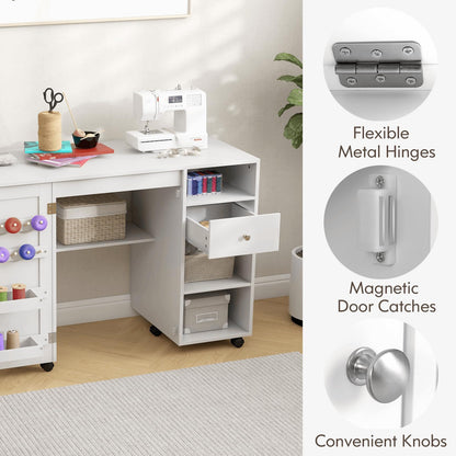 Folding Sewing Table with Storage Shelves and Trays