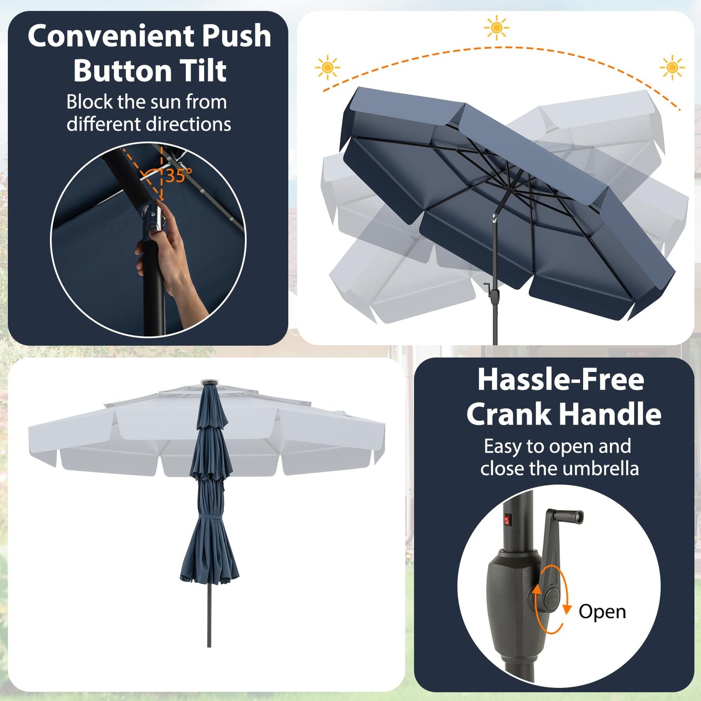 295 cm Solar Patio Umbrella with 32 LED Lights and 3-Tier Vented Top