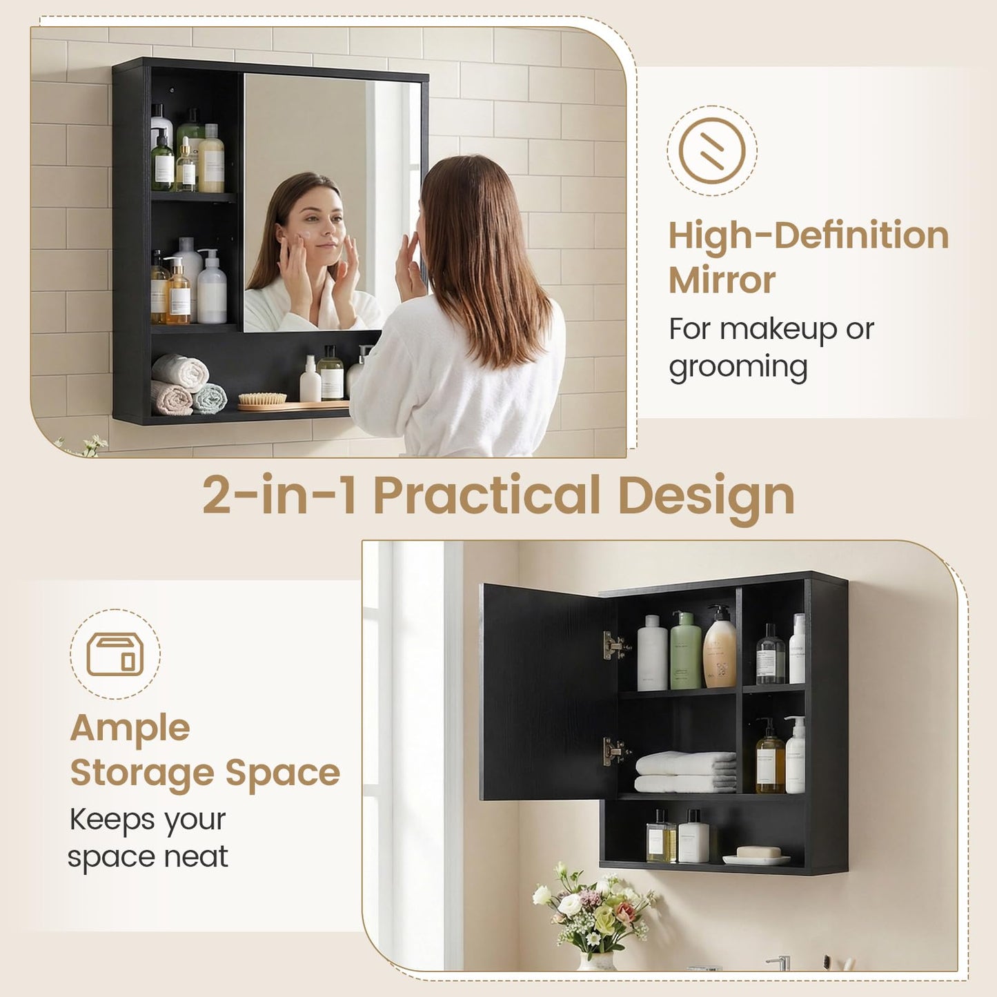 Wall Mounted Storage Organizer with Mirror for Bathroom