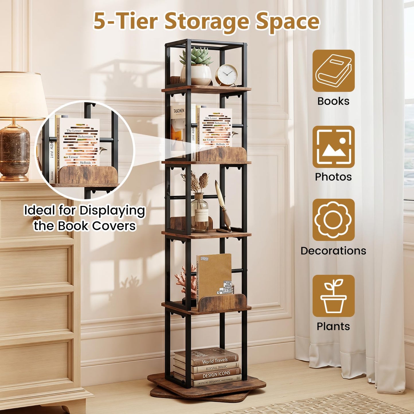 5-Tier Rotating Bookshelf Tower with 360° Spin & Side Rails for Small Spaces