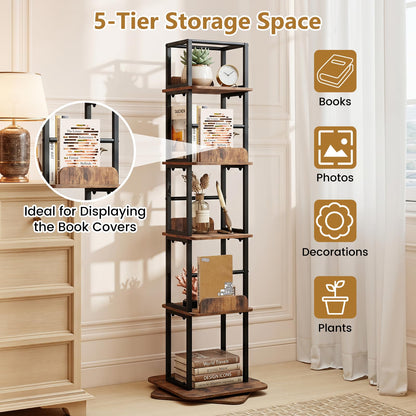 5-Tier Rotating Bookshelf Tower with 360° Spin & Side Rails for Small Spaces