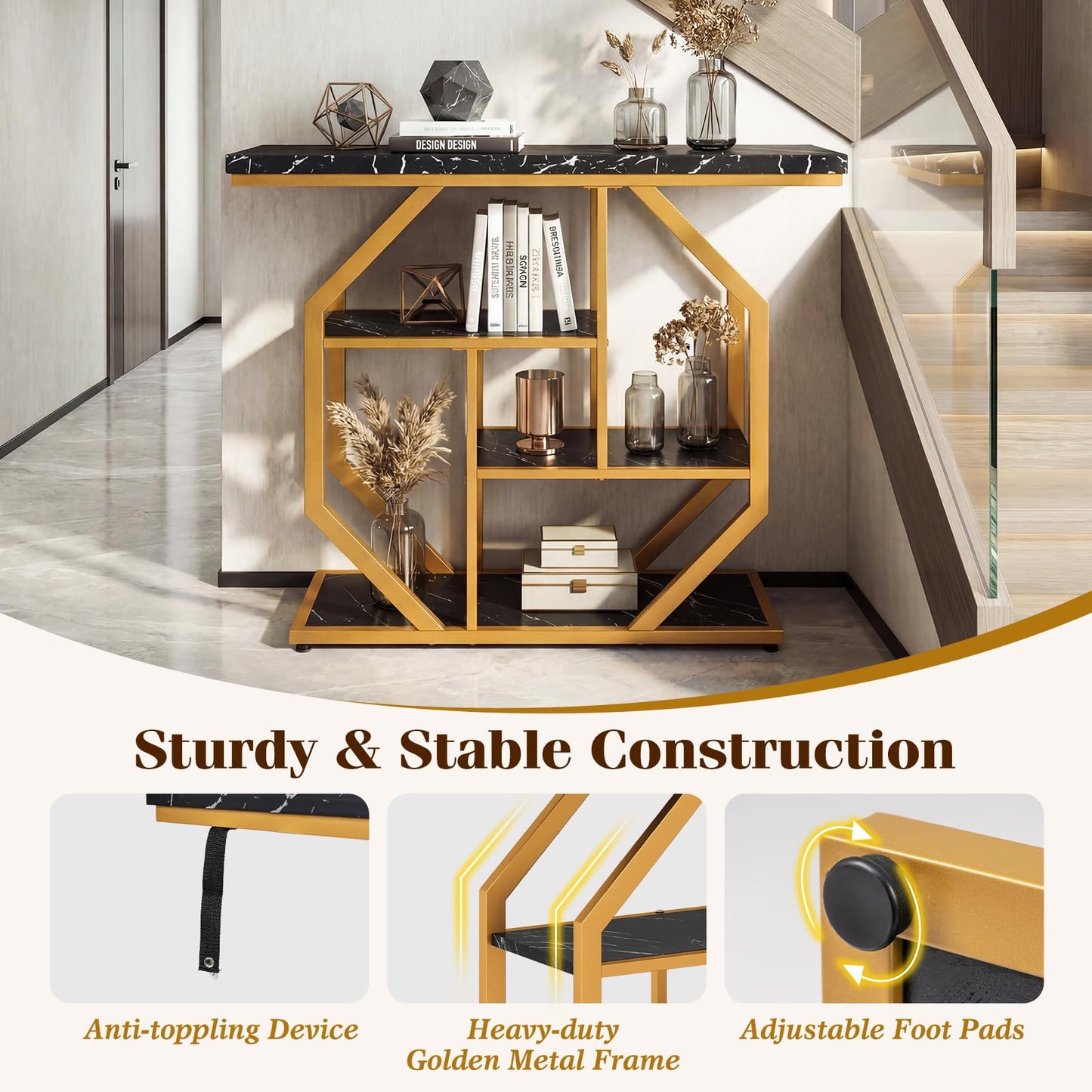 Console Table, 4-Tier Faux Marble Slim Entryway Table with Storage Shelves