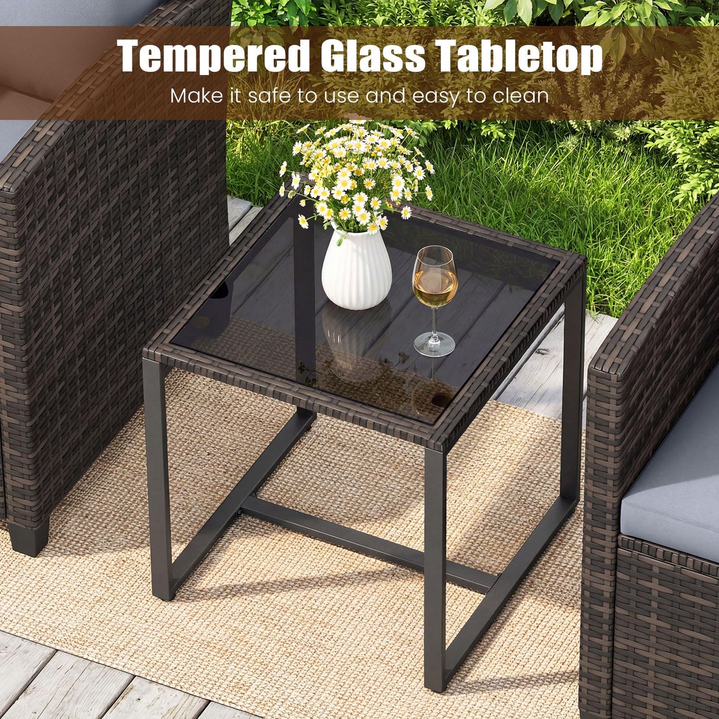3 Pieces PE Rattan Wicker Outdoor Bistro Conversation Set with Soft Cushions and Tempered Glass Coffee Table