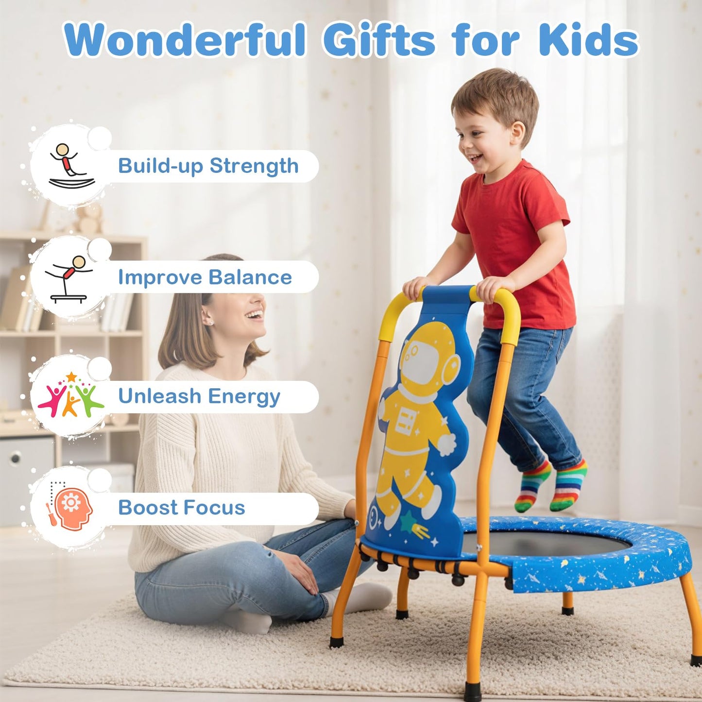 EN71 Certified Cute Children Trampoline with Foam Padded Handle