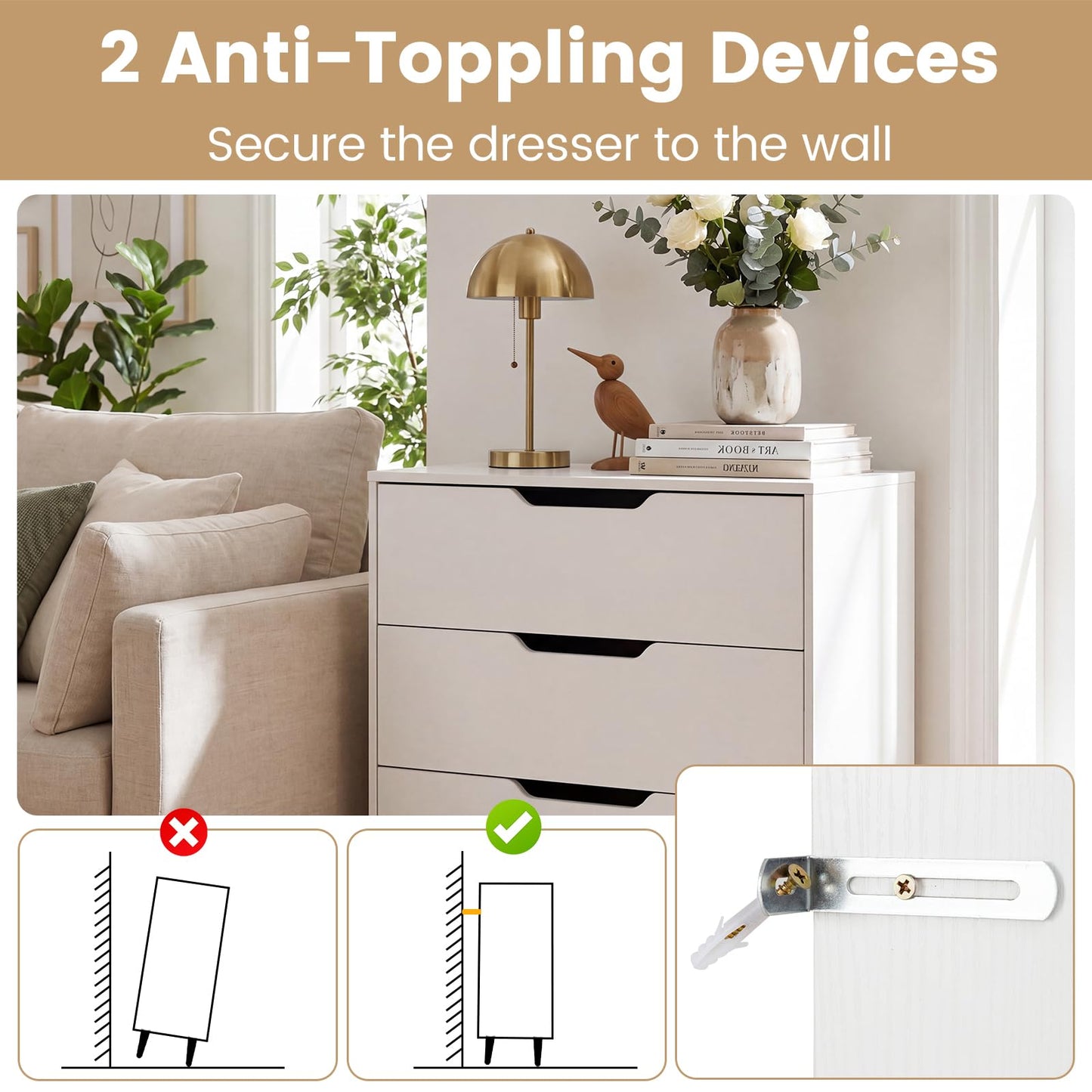 Wooden Nightstand with Anti Tipping Kits and Tall Storage for Living Room