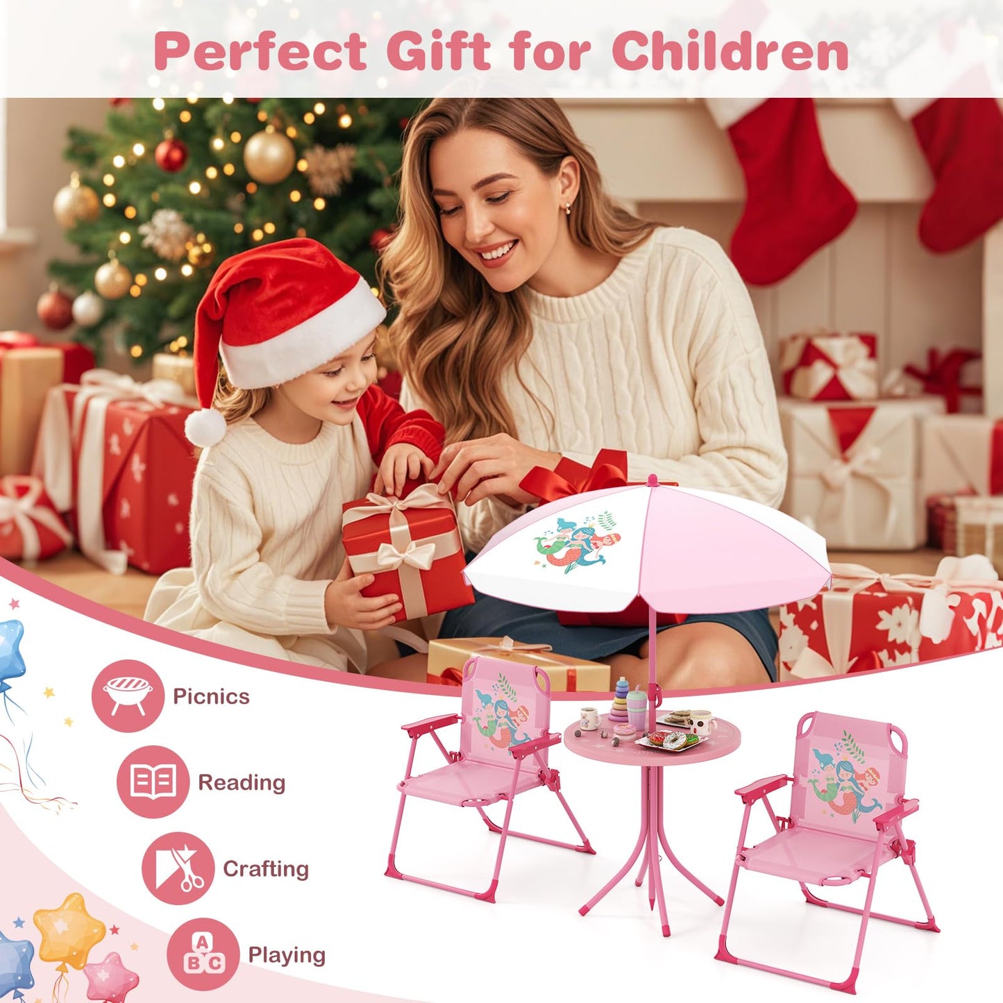 Kids Picnic Table and Chair Set with 2 Folding Chairs and Height Adjustable Umbrella