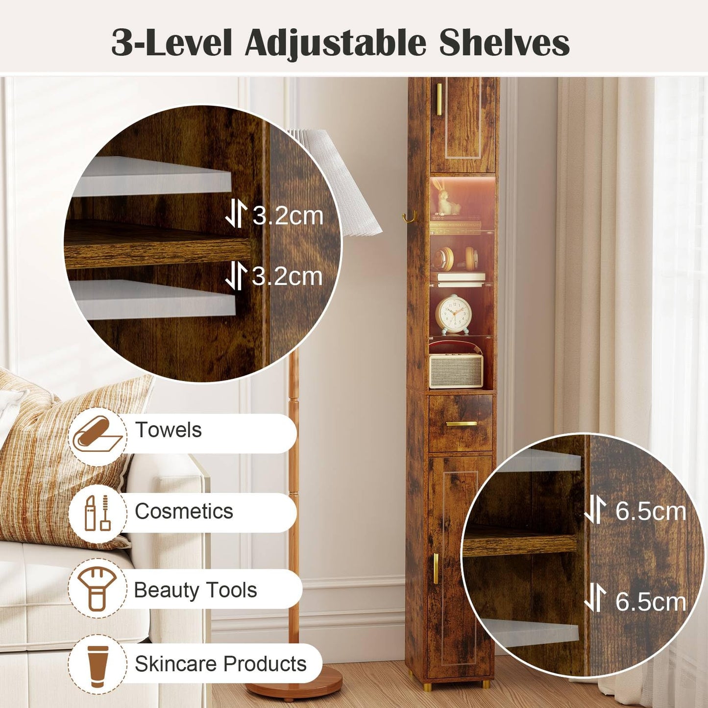 180 cm Tall Bathroom Cabinet Narrow Storage Organizer with 3 Doors and Adjustable Shelves