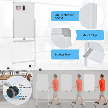 Double Sided Magnetic Whiteboard, Height Adjustable Mobile Dry Erase Board with Black Markers (90 x 60cm)