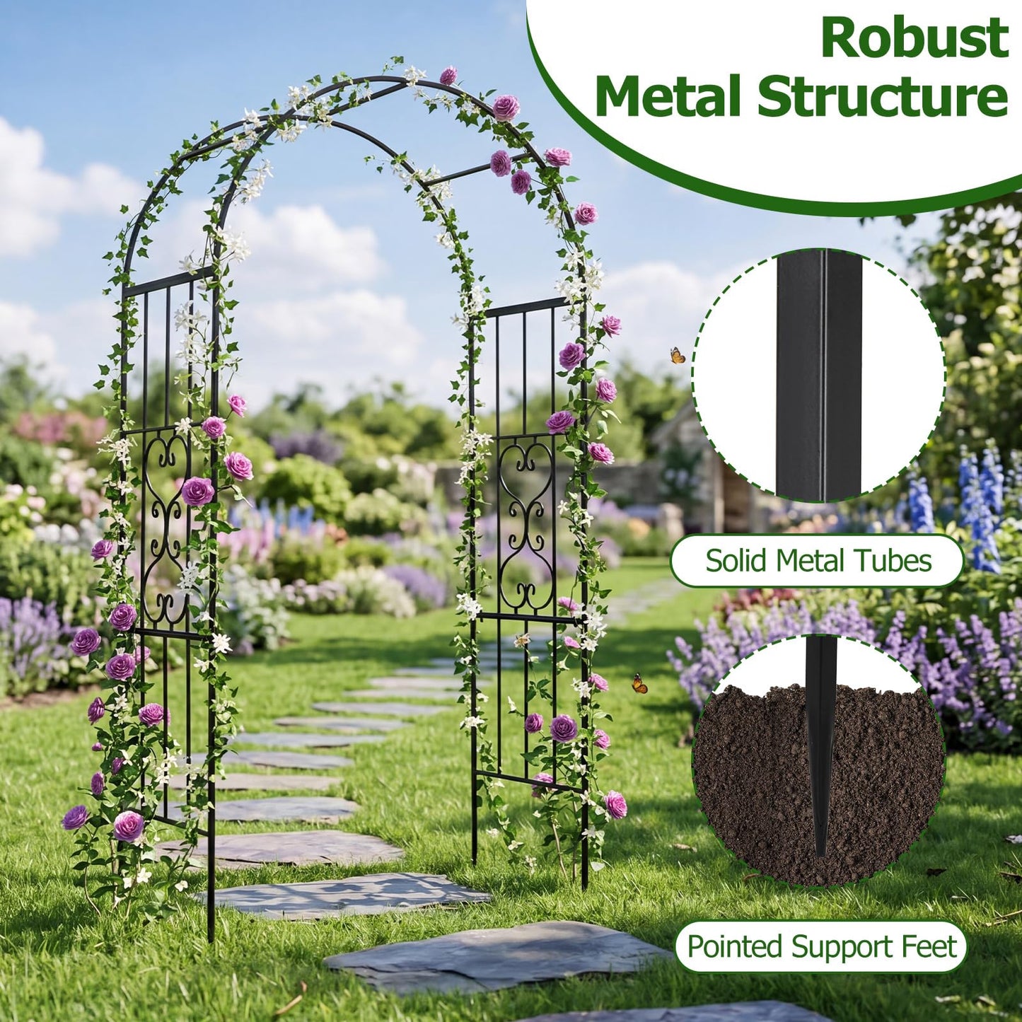 Garden Arch, Heavy Duty Metal Roses Vines Climbing Plants Support Archway