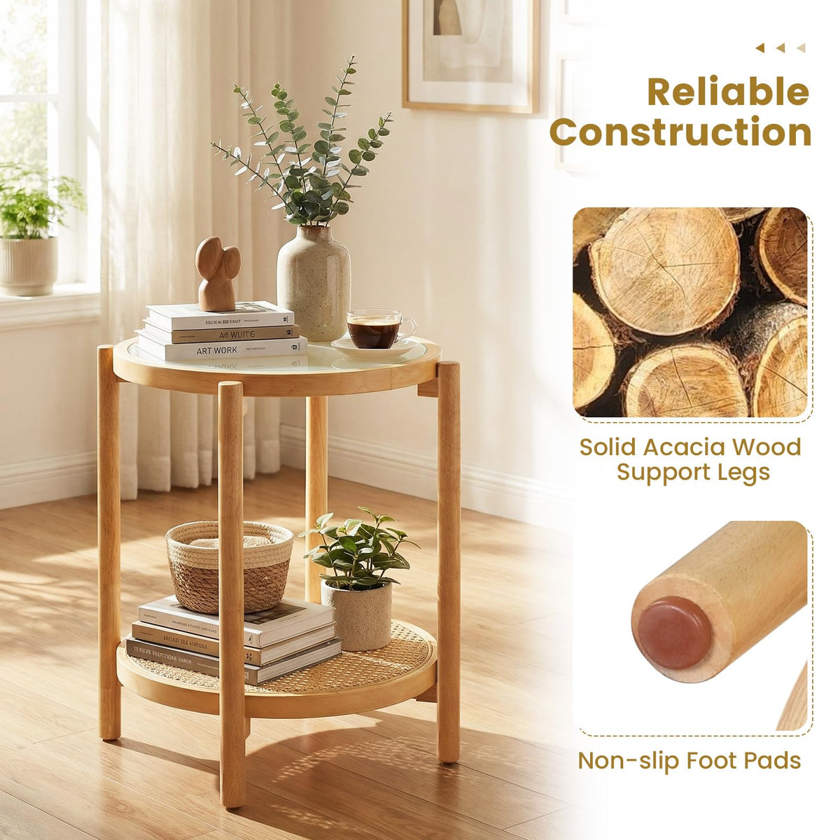 2-Tier Boho End Table with Tempered Glass Top for Living Room