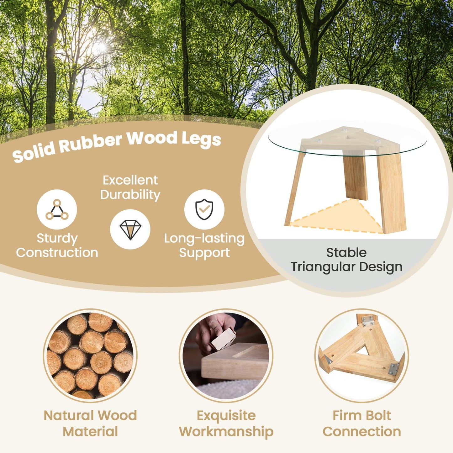 Round Coffee Table with Rubber Wood Tripod Support Frame