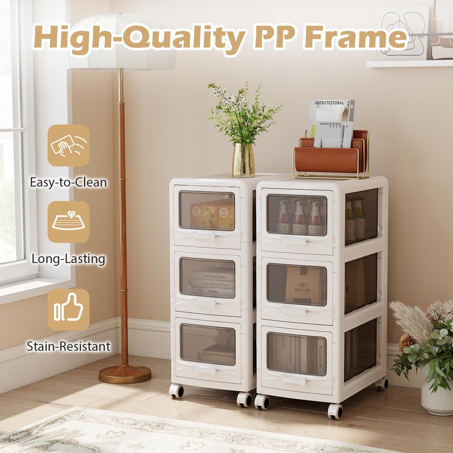 Slim Bathroom Floor Cabinet with 3/4/5 Drawers on Wheels (3-Tier) | Narrow Bathroom Storage Unit