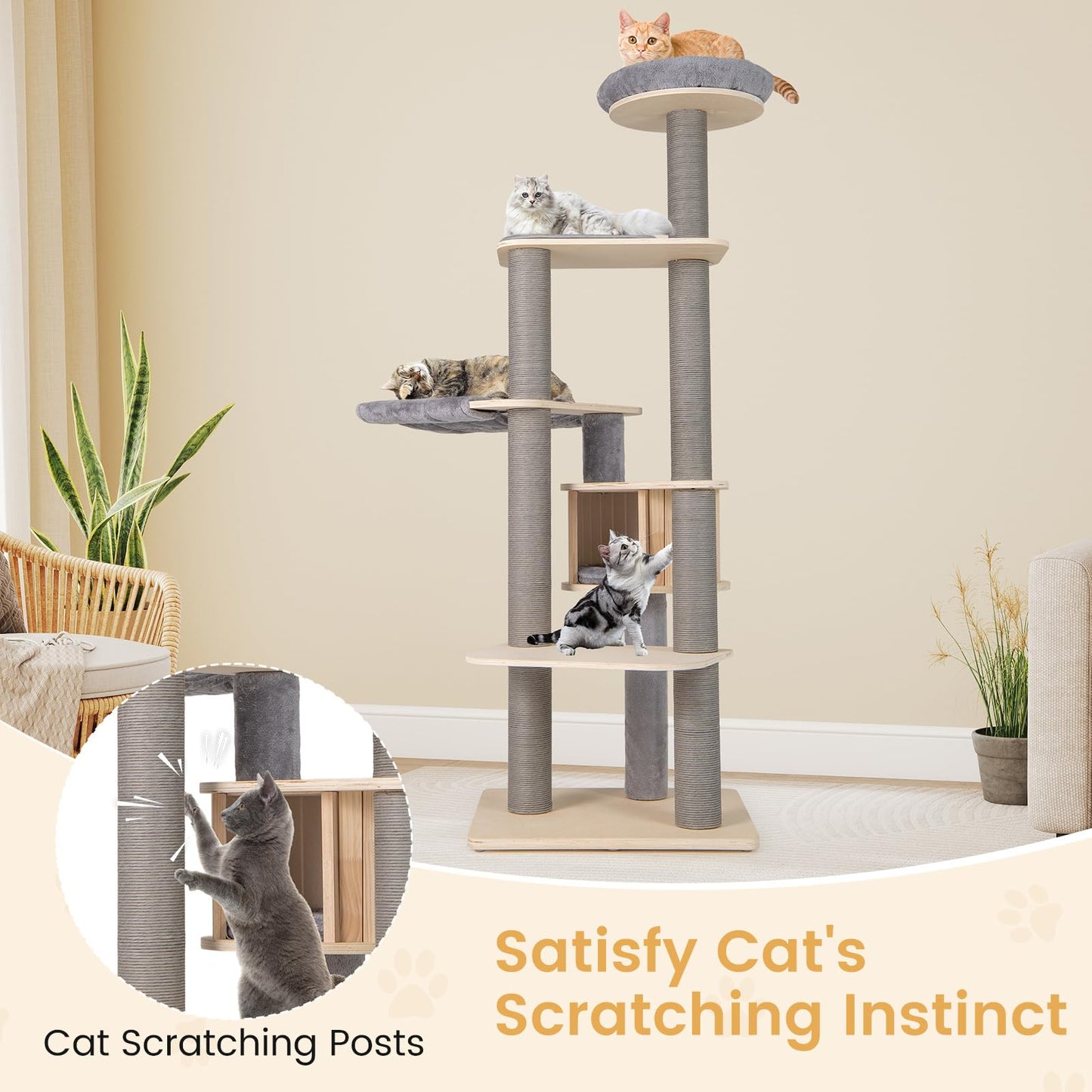 Cat Tree, Tall Multi-Layer Cats Tower with Comfy Padded Top Perch