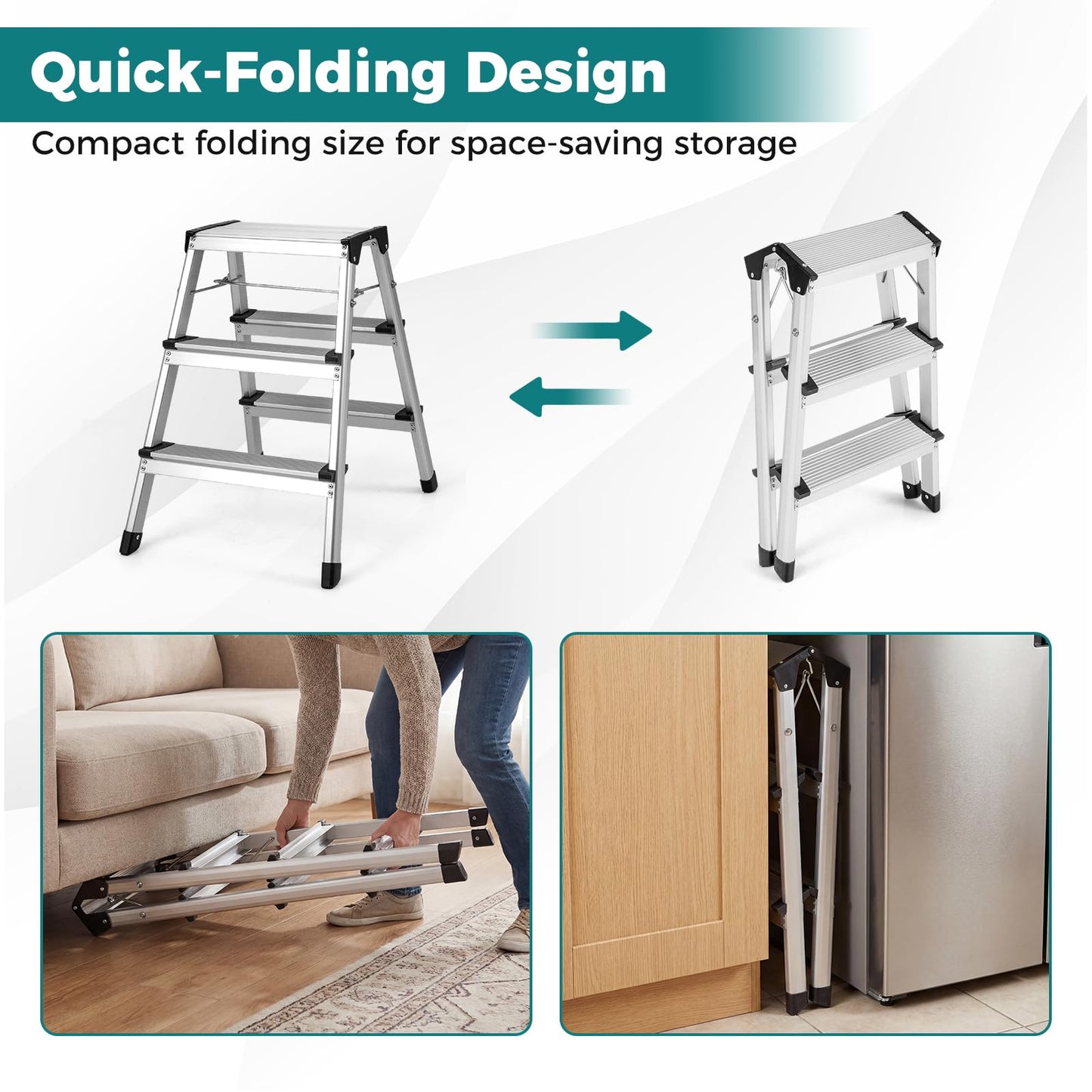 Dual-Sided 3 Step Ladder, Aluminum Folding Step Stool