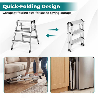 Dual-Sided 3 Step Ladder, Aluminum Folding Step Stool