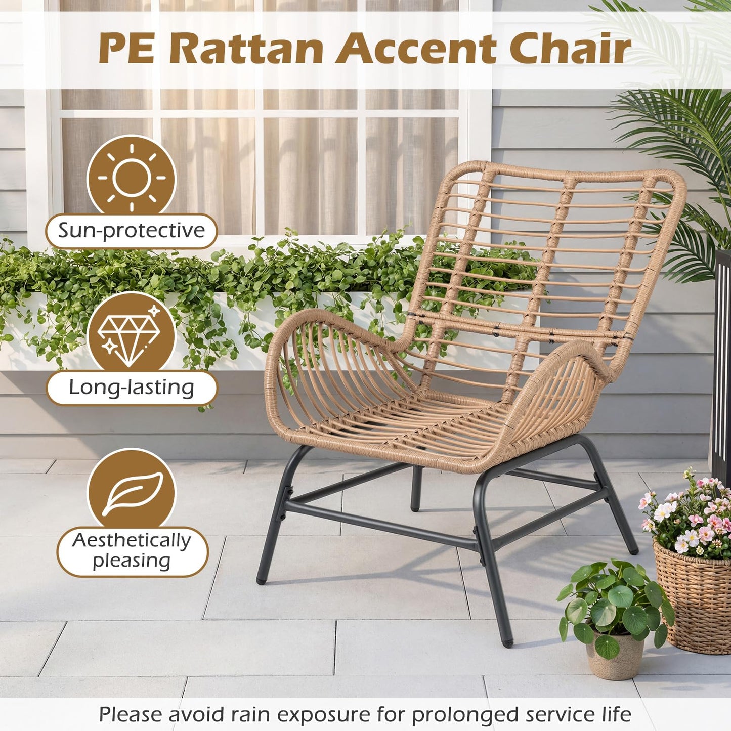 PE Rattan Leisure Chair with Cushion and Solid Metal Frame