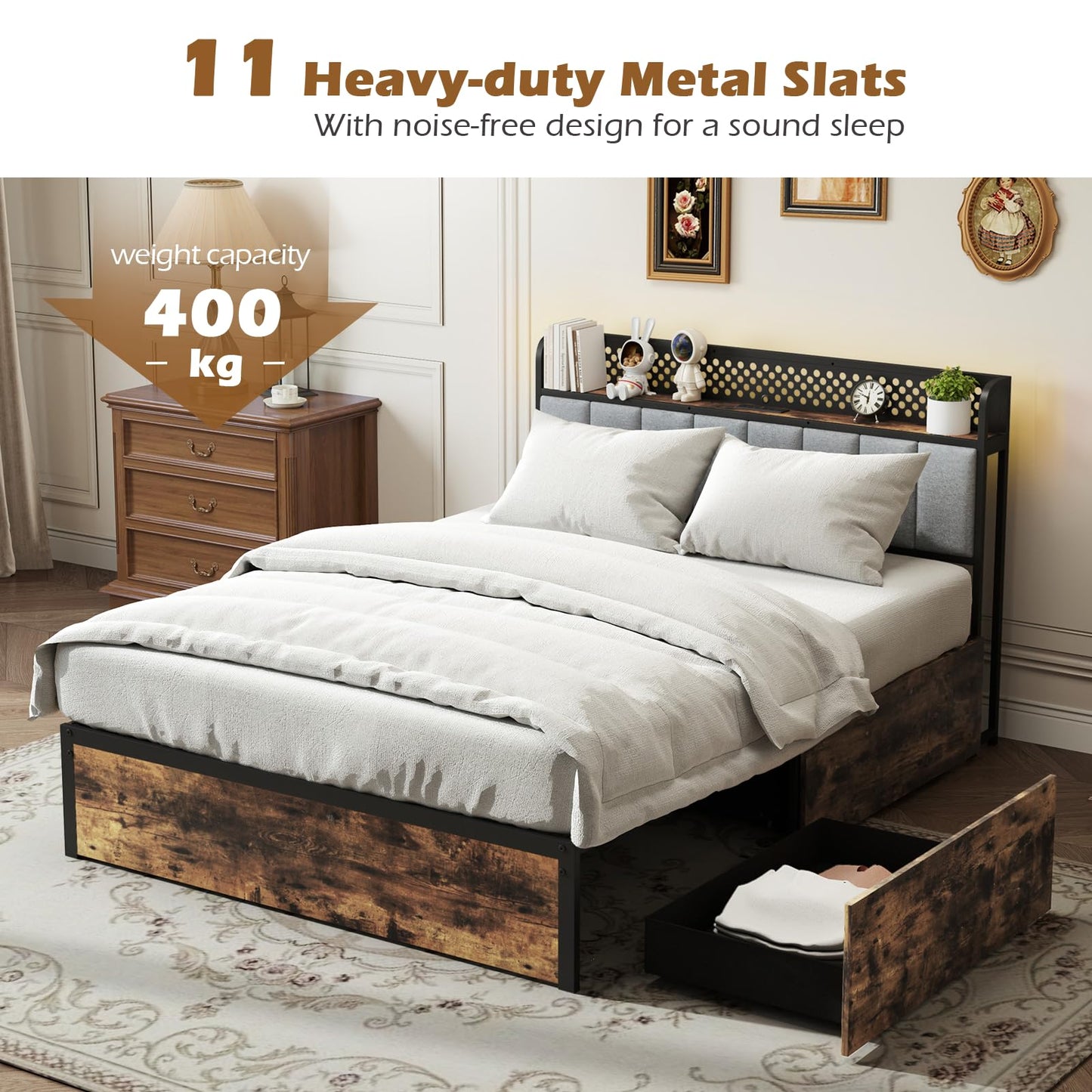 Industrial Metal Platform Bed with LED Lights and USB Power Outlets