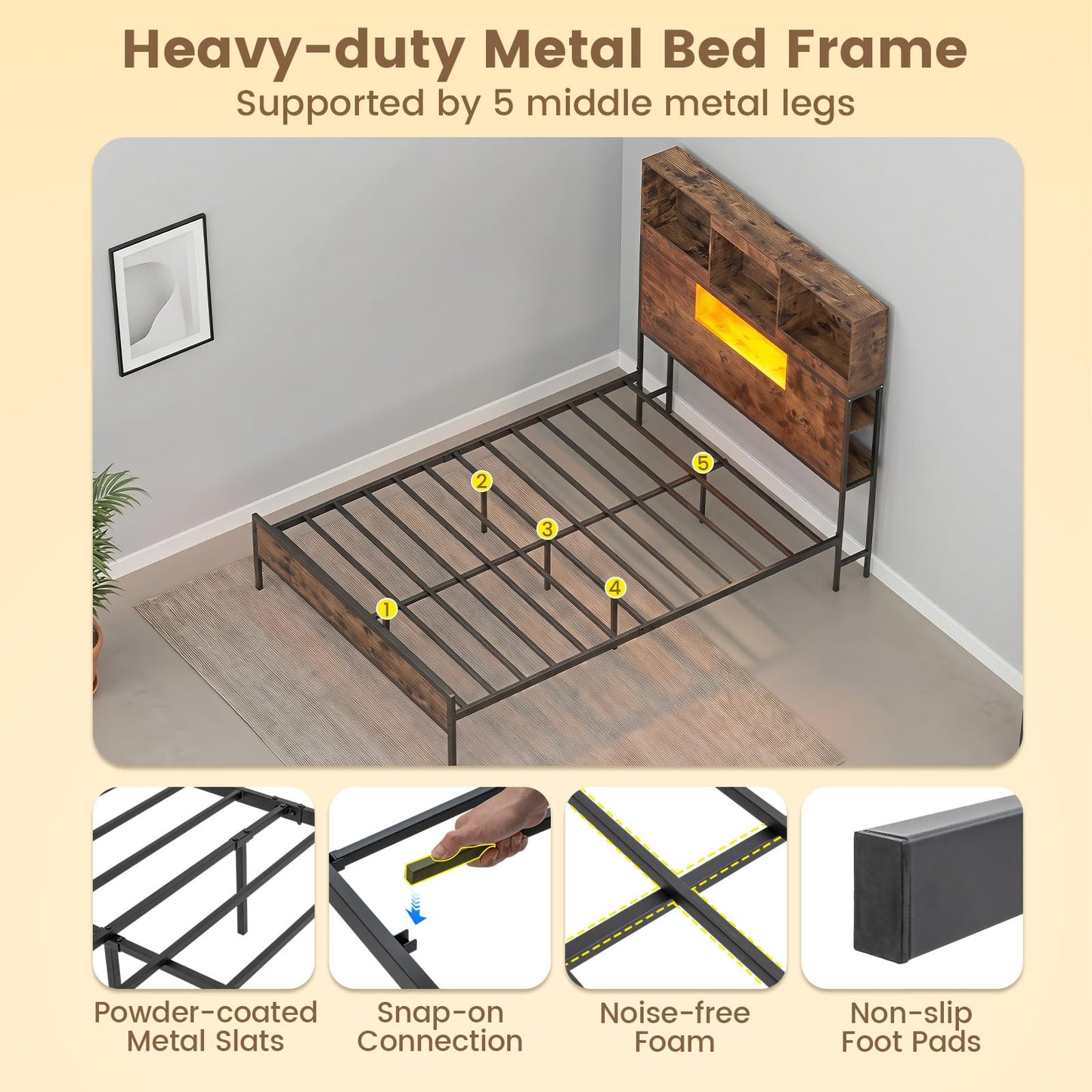 Industrial Metal Platform Bed with LED Lights and Power Outlet