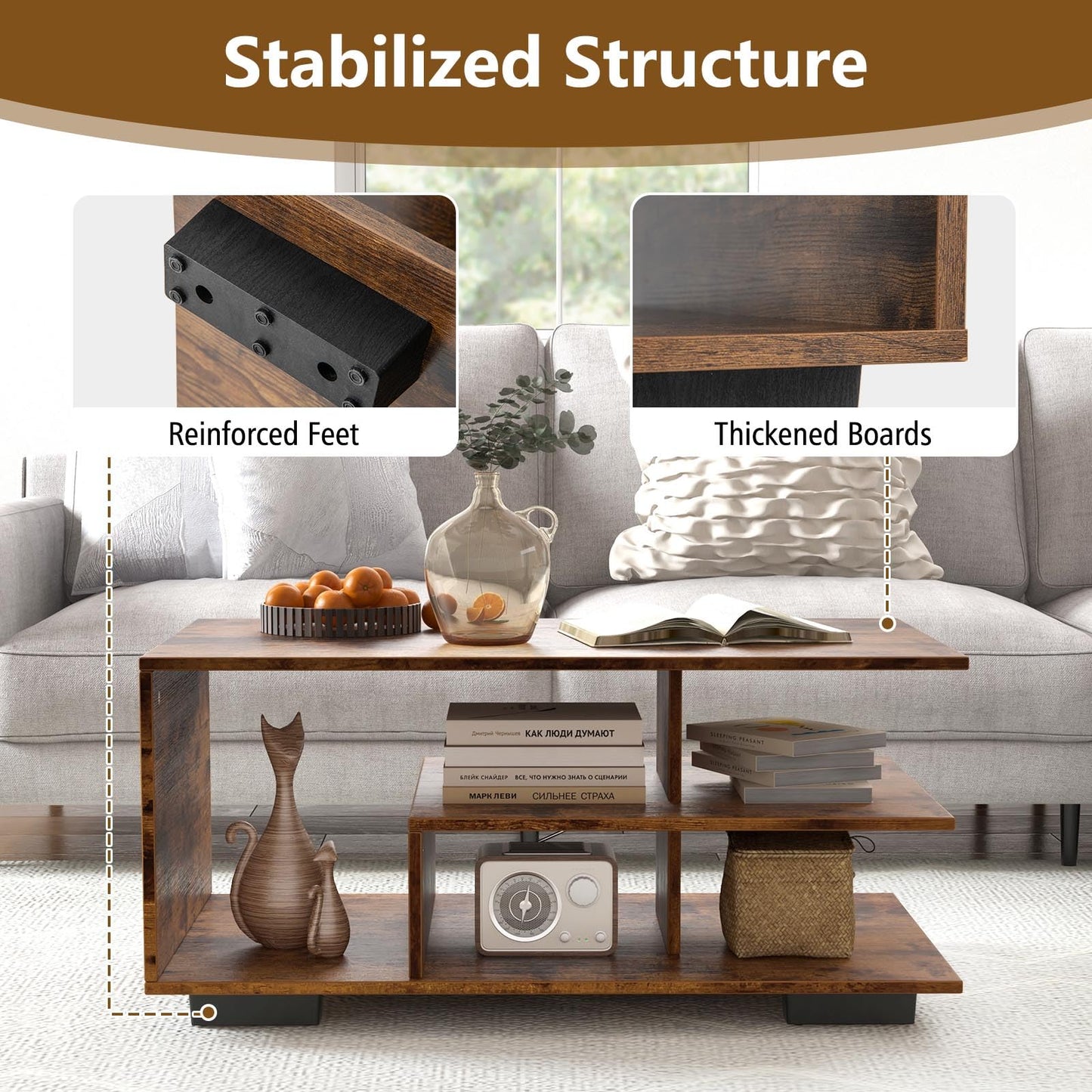 Coffee Table 3 Tier Rectangular Center with L Shaped Middle Shelf