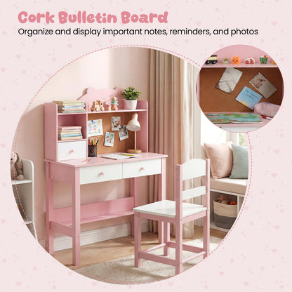 Kids Desk and Chair Set, Wooden Student Study Table with Drawers