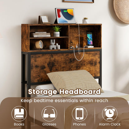 Bed Frame with Charging Station and Storage Headboard