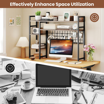 Desktop Bookshelf with 4 Open Storage Shelves for Computer Monitor Up to 32 Inch